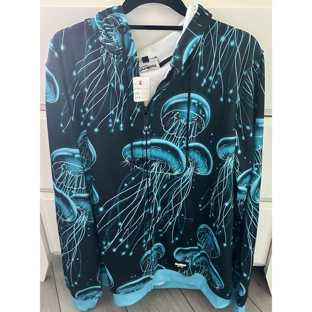 NWT- Fresh Hoods Jellyfish Graphic Zip Hoodie Black Trippy Neon Sea Creature - L